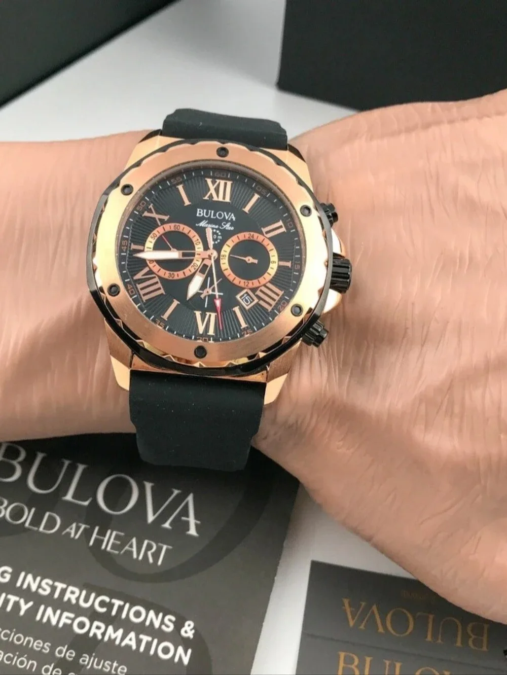 Bulova Marine Star 98B278 Black Dial Silicone Strap Men's Quartz Watch 44 mm